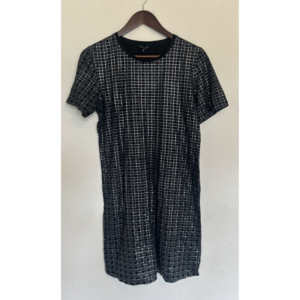 Theory Cherry T-Shirt Dress M NWT Checkered Holiday Silver Designer Quiet Luxury